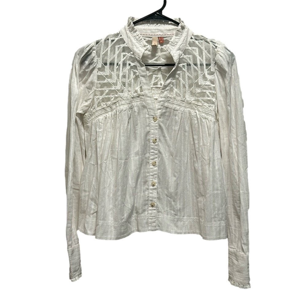 Anthropologie Pilcro White Button-Down Blouse with Sheer Embroidery Size 6